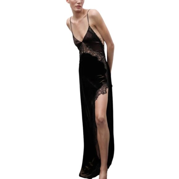 Jen Ceballos x Mango Dress Brown Velvet Black Lace Trim Maxi Long Wedding Guest - Picture 5 of 16